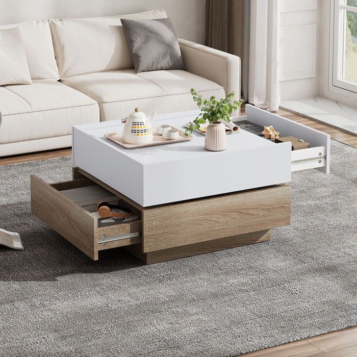 Table basse fonctionnelle pour le salon pivotant à 360° plateau pivotant avec 2 étagères et espace de rangement blanc+noyer