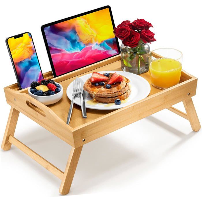 Grand plateau table lit avec pieds pliants support portable poignées bambou pour manger au lit ou canapé