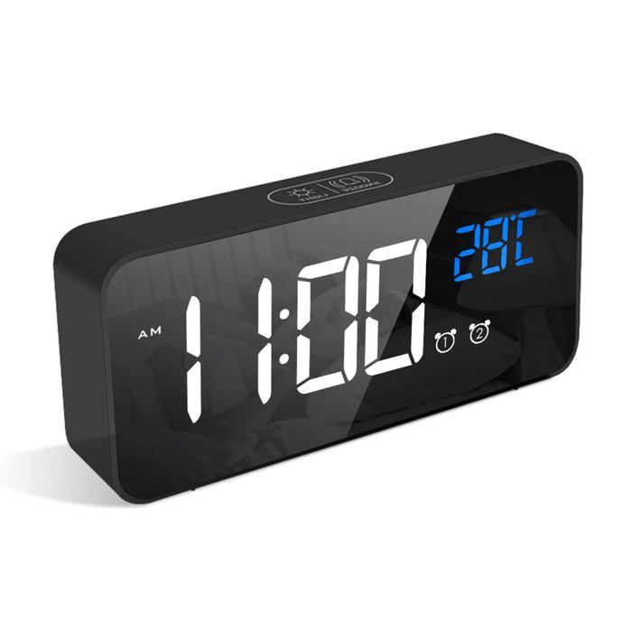 Réveil Électronique avec 2 Réveils, Miroir Horloge Numérique LED avec 8 Modes Lumière, Snooze, Aide au Sommeil, Minuterie, avec Gradateur Continu, Port de Charge USB pour Fille,Garçon