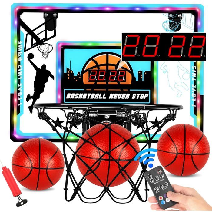 Panier De Basket Par-dessus La Porte – 3 Modes, LED, Tableau D’affichage, Sons, Télécommande – Inclut 3 Ballons – Fun à L’intérieur Pour Tous âges