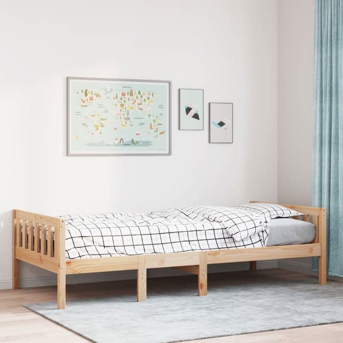 Lit pour enfants en bois de pin - UU - 90x190 cm - Bois de pin massif - Sommier à lattes - Capacité 100 kg - Brun
