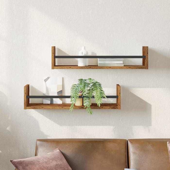 (SOLDES Nouvelle année）Classique Étagère Murale Montage mural 2 pcs - Bois ancien - 60x16x14cm FR26_09019919