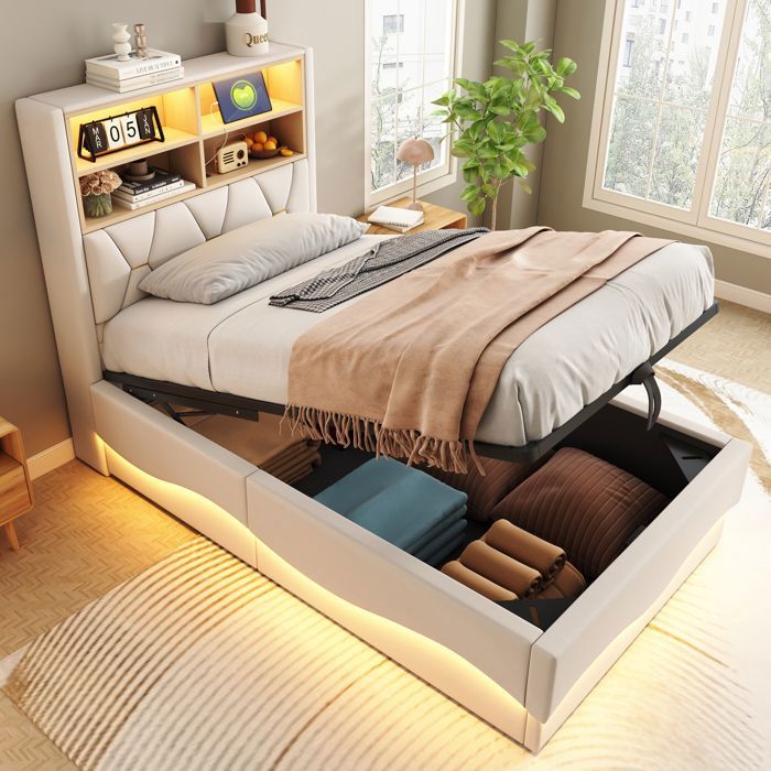Lit Coffre 90x200cm avec Rangement LED et USB pour 1 Personne Lit Rembourré avec Rangement Tête de Lit et Cadre Métal Lin Beige