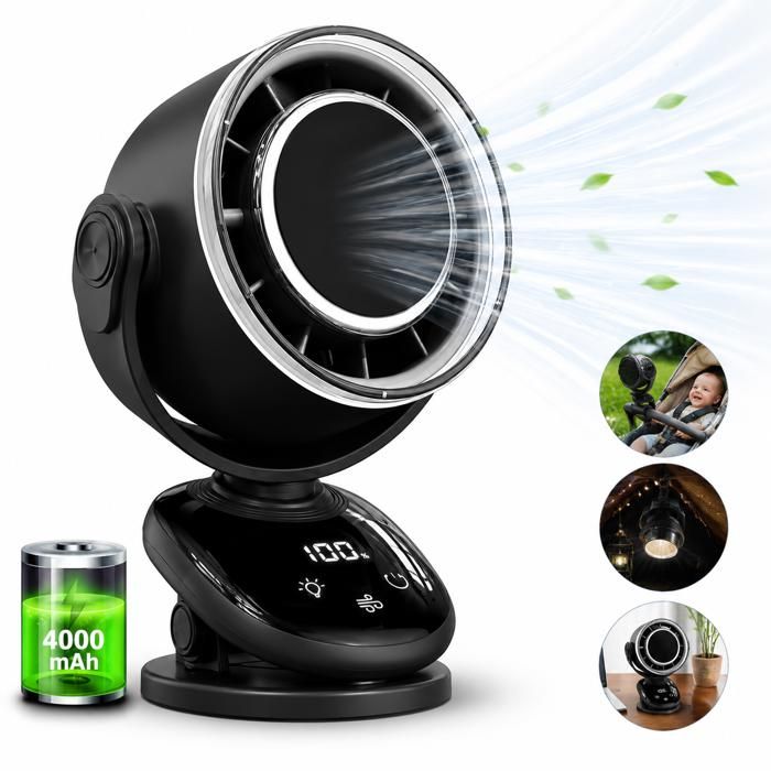 Ventilateur de bureau silencieux - 5 Vitesses - Oscillation 90° - Ventilateur à Pince Rechargeable USB Réglable LED Veilleuse