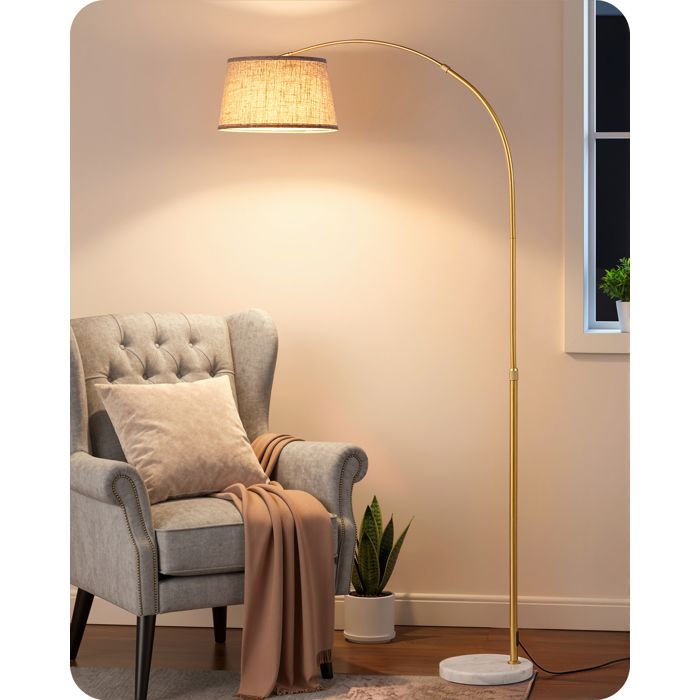 EDISHINE Lampadaire à arc hauteur et orientation réglables ampoule E27 fournie télécommande & contrôle pédale doré