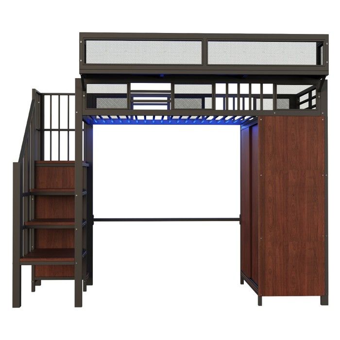 Lit mezzanine 90x200 cm avec penderie, échelle, LED, barrières mesh et ...