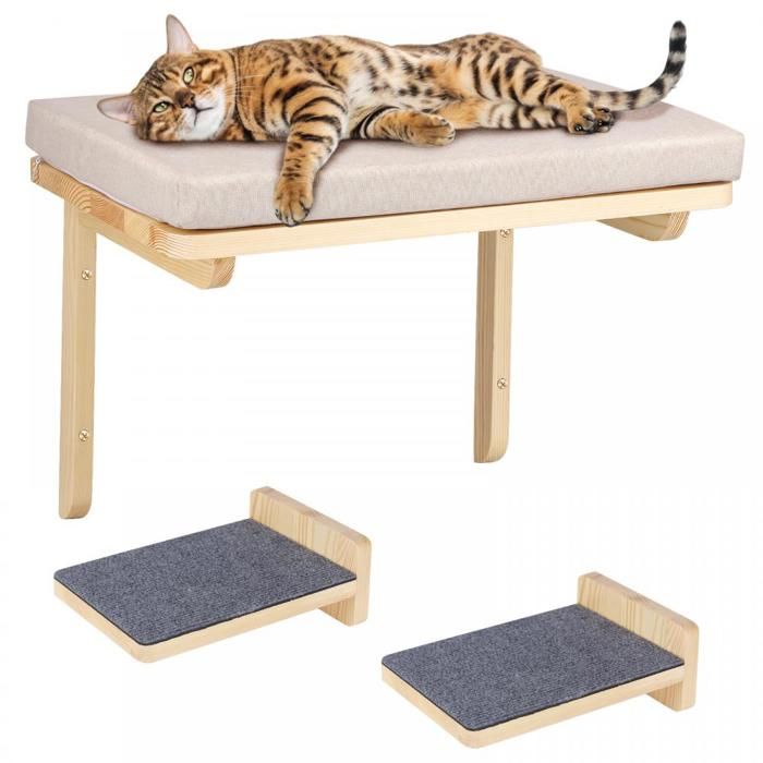 LVHCMFOHM Mur descalade pour Chat - Hamac pour Chat avec Deux Marches - Arbre à chat en Bois Massif - 30x40x30 cm - Gris