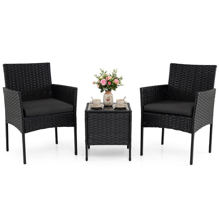 COSTWAY Ensemble 3 PCS Table et Chaises de Jardin Extérieur en Rotin PE Coussins Amovible Noir Table en Verre Trempé Cadre Métal COSTWAY Ensemble 3 PCS Table et Chaises de Jardin Extérieur en Rotin PE Coussins Amovible Noir Table en Verre Trempé Cadre Métal
