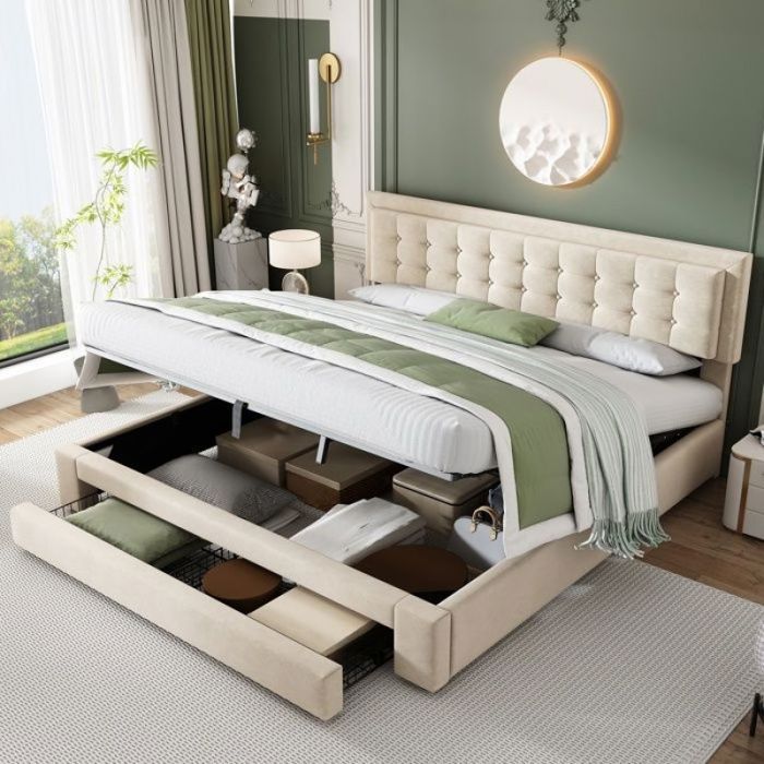 Lit Adulte Lit Double 180 x 200 cm avec Compartiment de Rangement Hydraulique Tiroir Velours Beige Matelas Non In LIT COMBINE