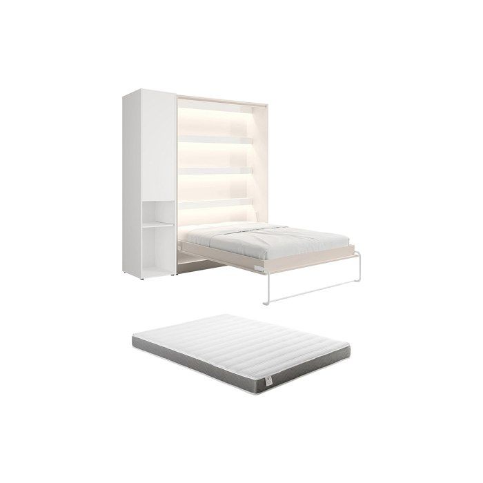 Lit escamotable vertical 140 x 200 cm - 1 colonne de rangement - Avec LEDs - Beige + Matelas - RAPILI