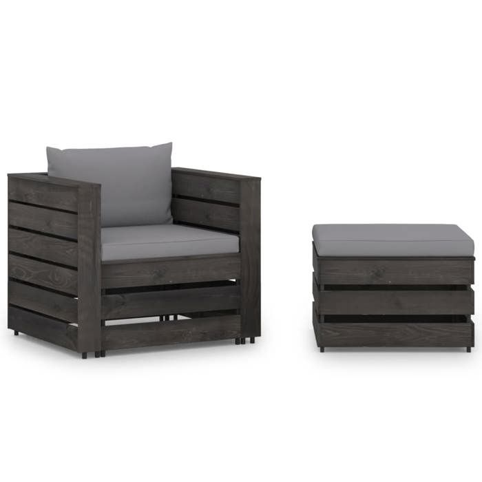 NEW 2026 Salon de jardin lot de 2 Meuble pour 1 personne avec coussins Bois imprégné de gris 60x62x37 cm S825