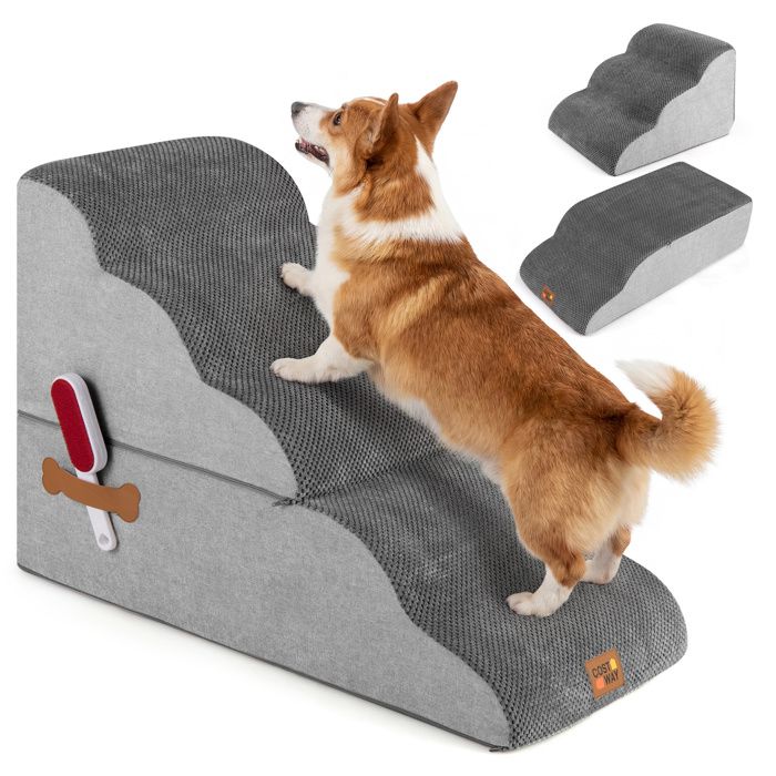 Comparer les prix de Escalier pour Animaux à 5 Marches COSTWAY Rampe Transformable en Mousse Haute Densité Base Antidérapante Housse Lavable Rouleau