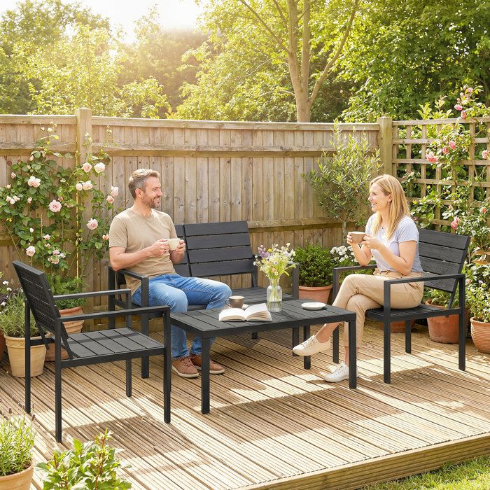 Salon de jardin extérieur 4 pièces canapé 2 places 2 chaises et table basse mobilier de jardin terrasse veranda noir