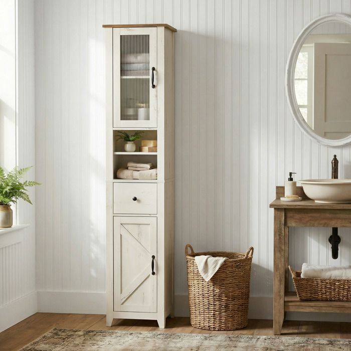 Meuble bas de salle de bain Style Maison de Campagne Étroite Blanc et Marron