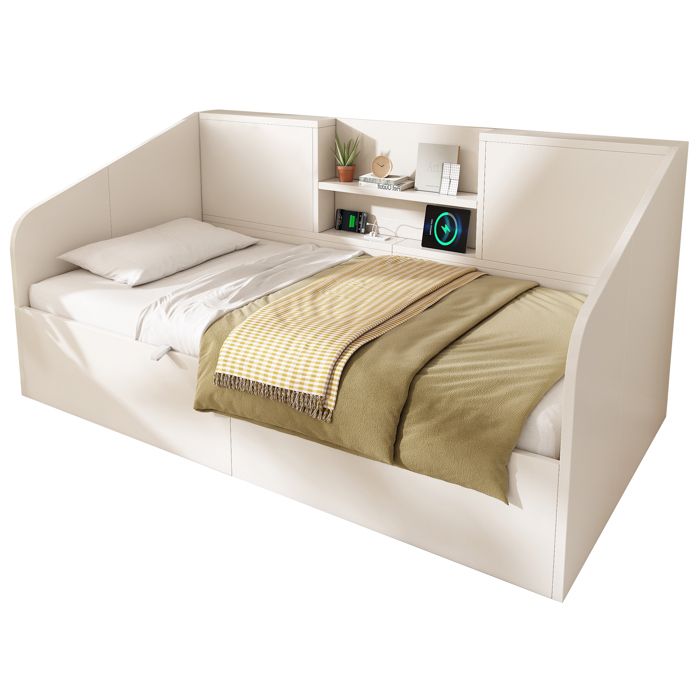 VLIVRA Lit Banquette Lit Simple Coffre USB Type-C et Étagères 90×200 cm - sans Matelas - en Bois - Blanc