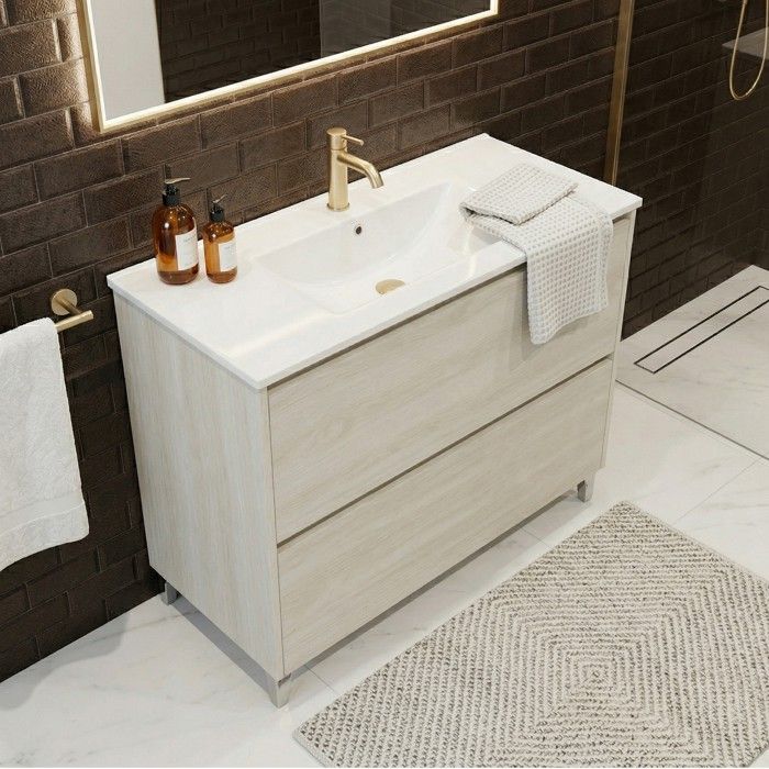 Meuble vasque L.100cm sur pied 2 tiroirs Chêne blanchi LISBONA - sans colonne Meuble vasque L.100cm sur pied 2 tiroirs Chêne blanchi LISBONA - sans colonne