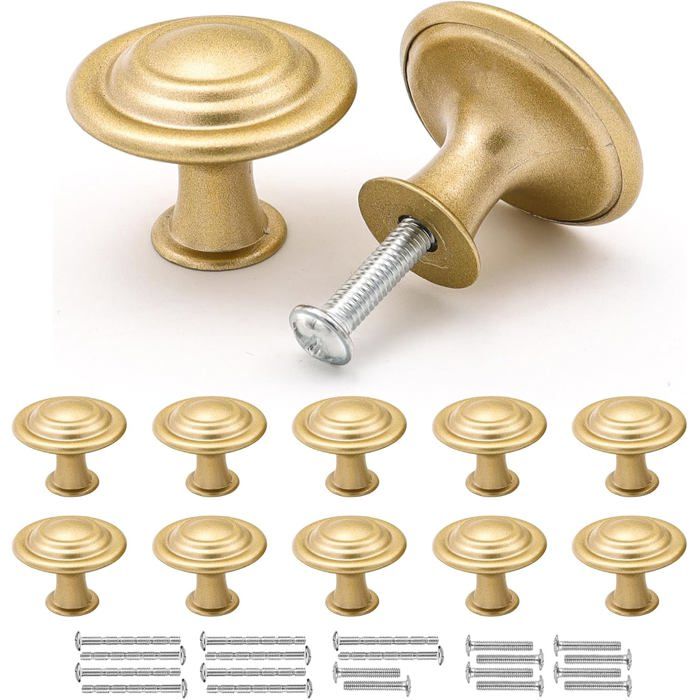 Poignées de meubles en or mat 10 boutons de tiroir en alliage de zinc poignées de porte de 30 mm et vis assorties.