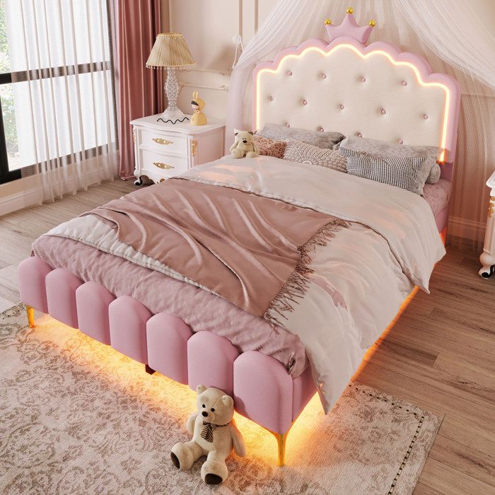 Lit rembourré princesse 140 x 200 cm avec sommier LED et tête de lit couronne - TCQPZ - PU rose sans matelas