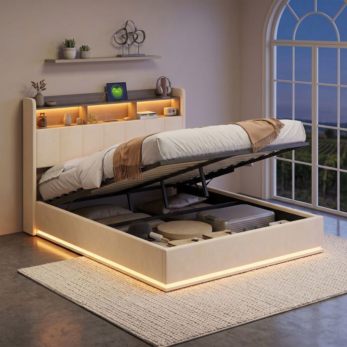 Lit coffre - Lit 140x190 velours beige - Sommier à lattes 140x190 - LED intégrée & USB - Coffre de rangement