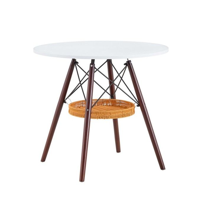 Table Ronde Ø80x80x71.5cm Plateau MDF Blancpied Noyer Massifpanier Tressé Rangement Pour 2-4 PersonnesSans Chaise