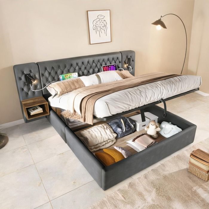 Ensemble chambre complète lit 180x200 cm avec chevets et rangement hydraulique velours slate gray
