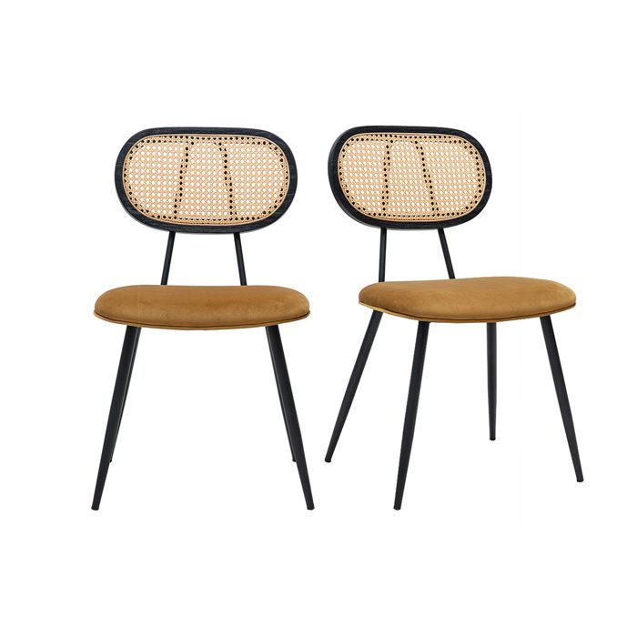 Miliboo - Chaises design en tissu velours bronze métal noir et cannage rotin (lot de 2) SWANN