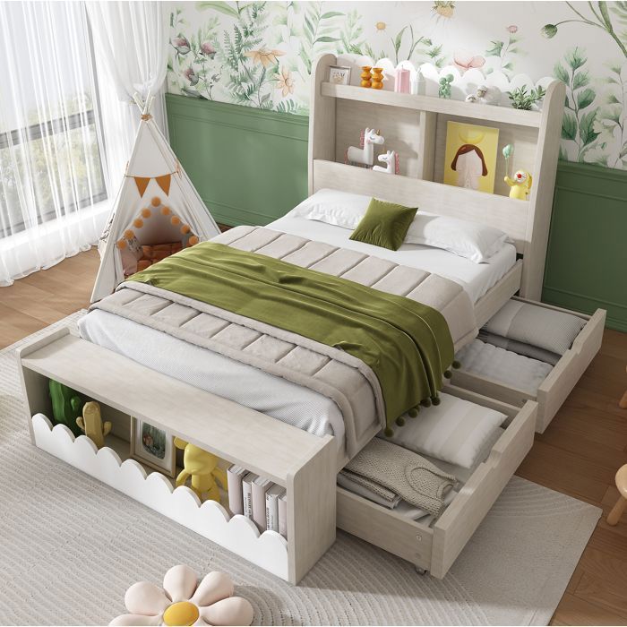 Lit enfant 90x200 cm avec 2 tiroirs étagères banc de rangement en bois blanc et chêne clair