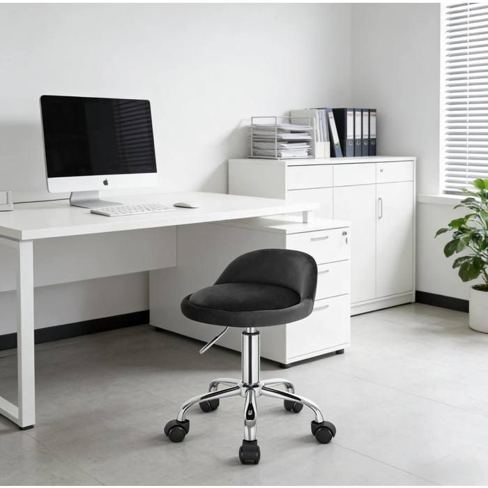 Tabouret de bureau à roulettes gris foncé en velours réglable en hauteur 53 à 65 5 cm dossier bas