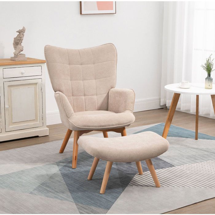 Fauteuil bergère beige en corduroy avec hocker pieds en bois de hêtre intérieur salon