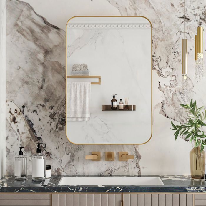 WOVREO Armoire de Salle de Bain avec Miroir 76x51x12 cm murale ou encastrée 2 étagères en verre réglables dorée