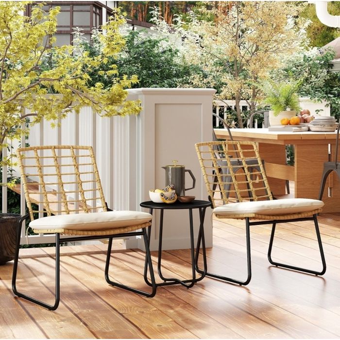 Salon de balcon 2 personnes EVRYAE 3 pièces en rotin 2 chaises empilables avec table ronde beige