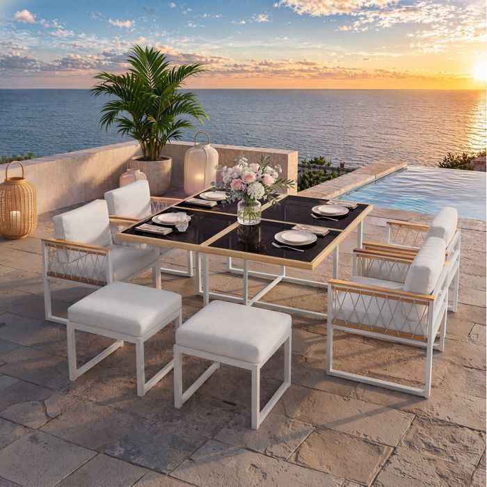MEULVA Salon repas de jardin avec 1 table carrée 117 x 117 cm naturelle avec verre trempé et lot de 6 chaises blanche