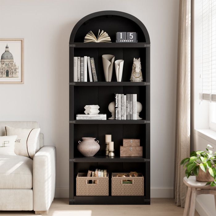 Bibliothèque Étagère 5 Niveaux - Style Rustique Campagne - Hauteur 182 cm - Niches Ouvertes - Pour Salon Bureau Chambre - Noir