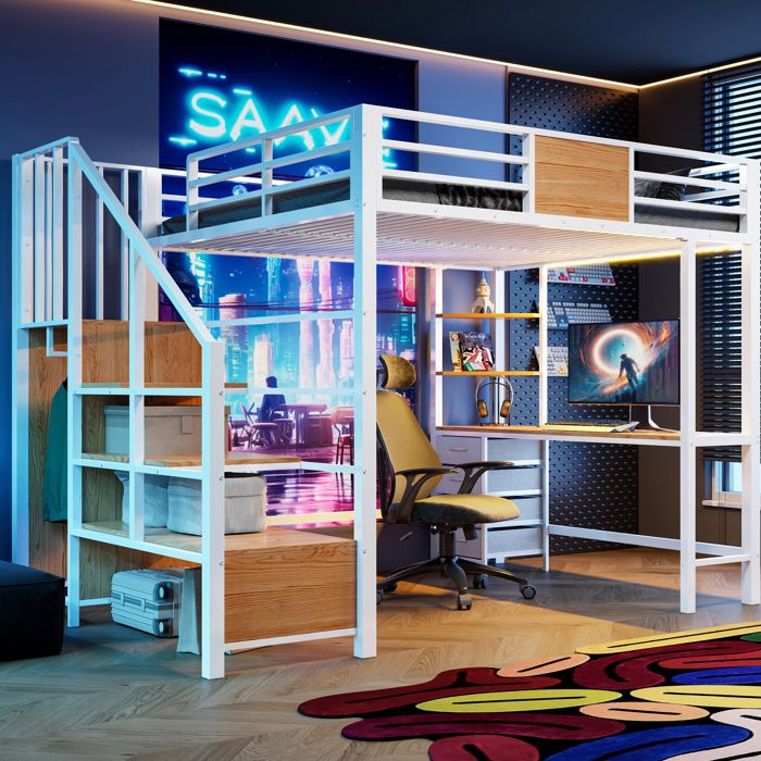 WOVREO lit mezzanine 140 x 200 cm avec bureau intégré rangements penderie LED métal blanc