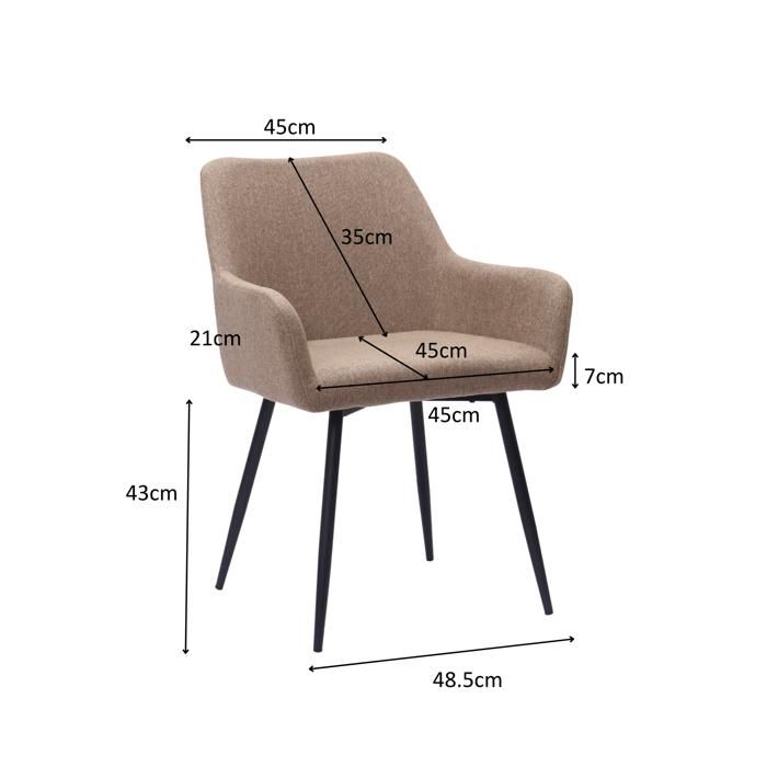Chaise de Salle à Manger Lot de 2 avec Accoudoirs Hauts et Assise Large - ELVMI - Tissu et Métal Khaki