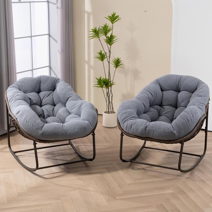 Fauteuil Bascule Rotin Synthétique Gris Rocking Chair FloraGrace Pour Jardin Ou Salon Coussin Rembourré 106x90x78cm