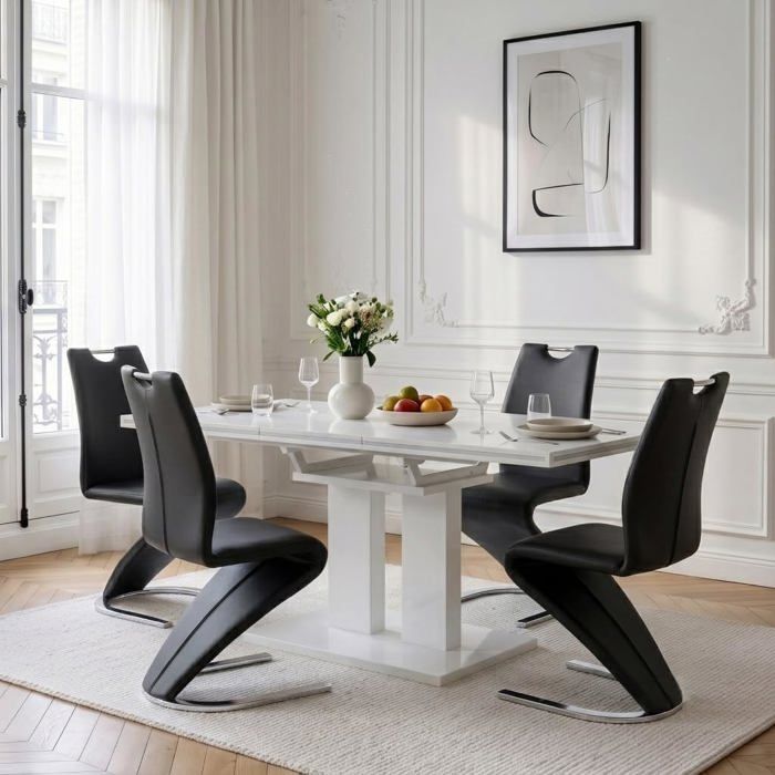 JIEXI Lot 5 pièces : 1 table de salle à manger extensible blanc brillant et 4 chaises cantilever forme Z noires ensemble moderne