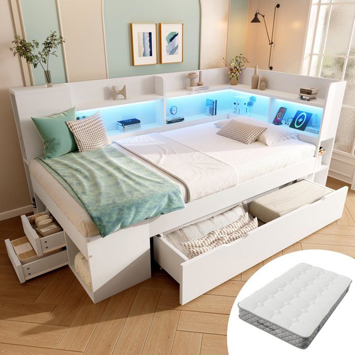 Lit enfant 90x200 blanc tiroirs et étagères de rangement ports USB et Type-C éclairage LED