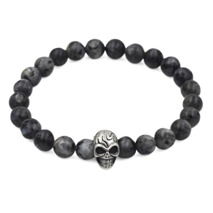 Bracelet Homme Agate Grise Foncée Pierres de Protection et Tête de Mort en Acier Inoxydable Biker
