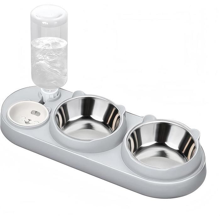 Gamelle 3 en 1 pour chat gamelle de nourriture et deau pour chat avec distributeur deau et bols en acier inoxydable inclinée