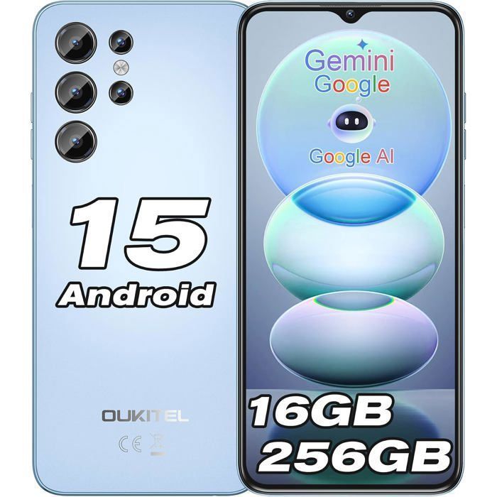 OUKITEL C1 Pro Smartphone 16GO+256GO/1TO AMOLED 6.52 Telephone Portable Android 15 13MP AI Telephone Fingerprint/3 Card Slots Bleu