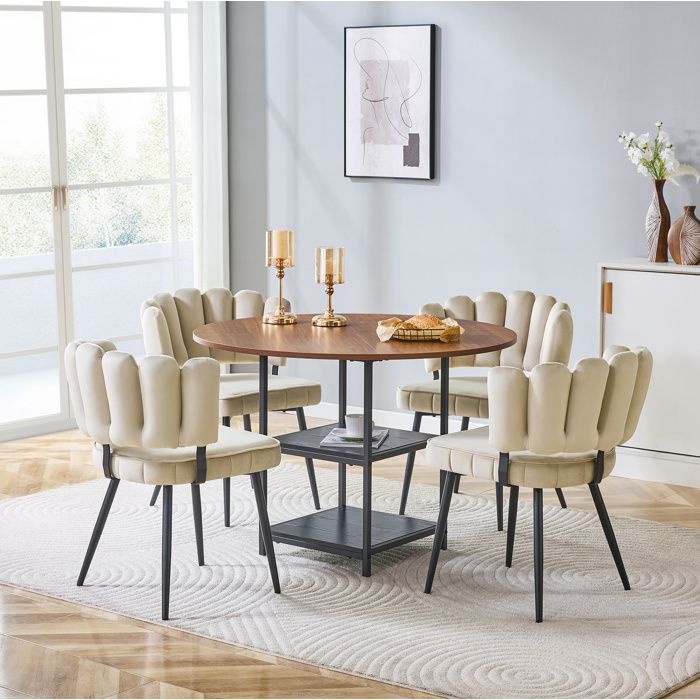 WUVRIE Table à manger ronde 107 cm aspect noyer 4 chaises en tissu 2 étagères ouvertes