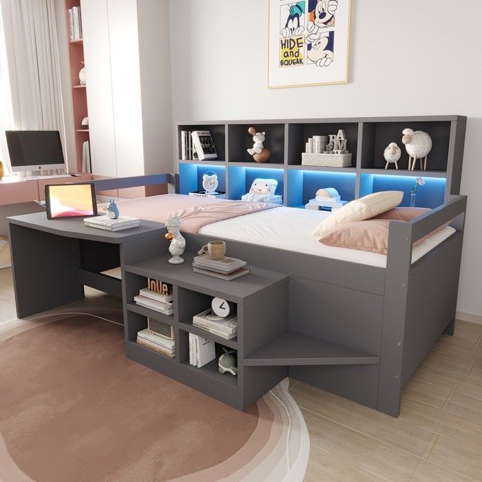Lit mezzanine multifonction - PAGE LIVING - Lit Cabane Enfant 90x200 cm - Bureau intégré - Prises USB & électriques - Rangements LED