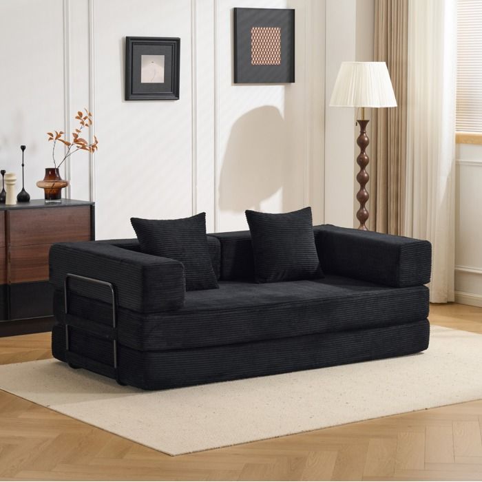 Canapé futon convertible compressé EVRYAE 2 places 185 x 92 5 x 60 cm sans montage noir en corduroy