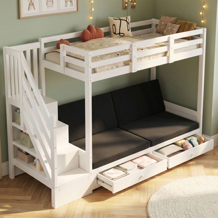 Lit superposé - MERAX - Lit superposé enfant 90 x 200 cm - Banquette convertible - Escalier-rangement - 2 tiroirs 4 coussins
