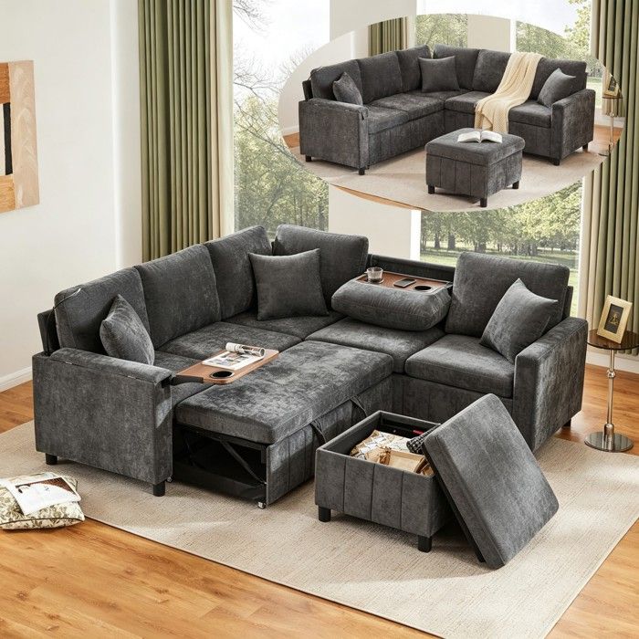 Canapé dangle convertible en chenille avec pouf de rangement lampe de lecture USB/Type-C et table escamotable gris