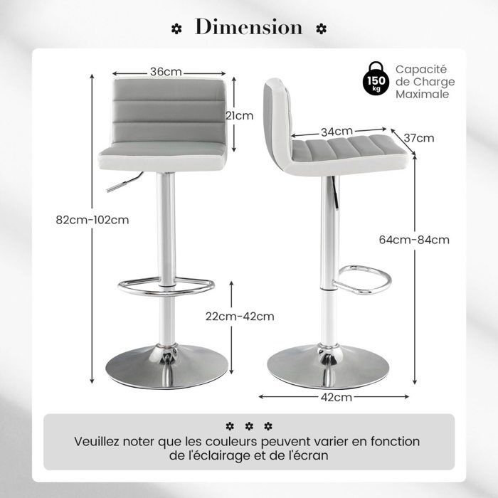 Réglage facile lot de 2 tabourets de bar pivotants avec hauteur 64-84 cm dossier rembourré et repose-pieds