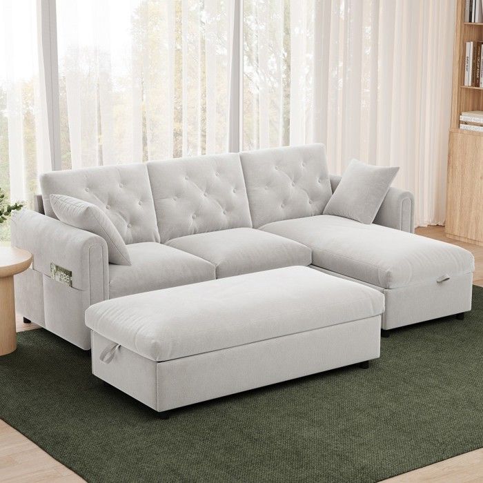Canapé Moderne Beige Velours 219x131x86cm Méridienne Réversible Repose‑pied Rangement Pour Salon Canapé Moderne Beige Velours 219x131x86cm Méridienne Réversible Repose‑pied Rangement Pour Salon