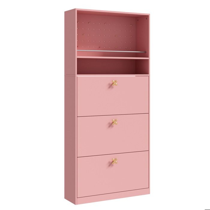 Meuble à chaussures étroit rose avec 3 compartiments abattants et 2 étagères ouvertes 80 x 24 x 178 5 cm
