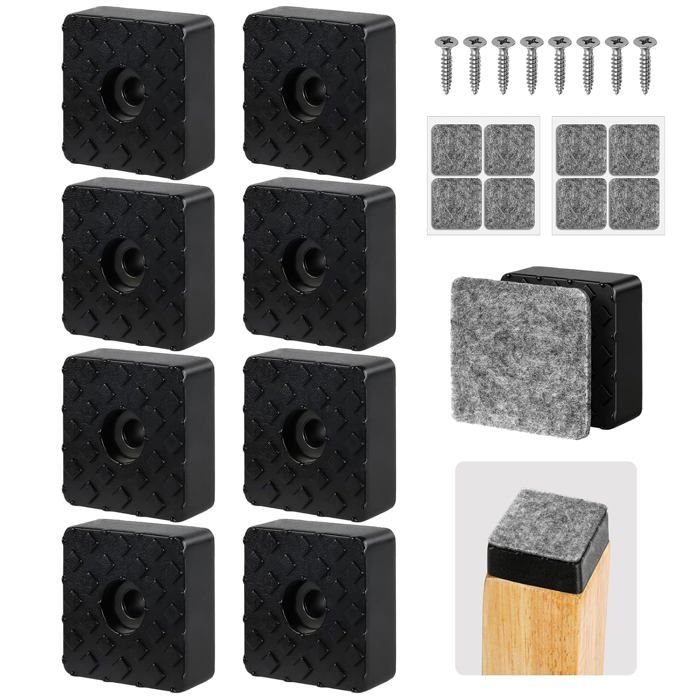 8 patins carrés en caoutchouc vissables - lot de 8 pièces avec feutre et absorbeurs de chocs antidérapants fixation inox